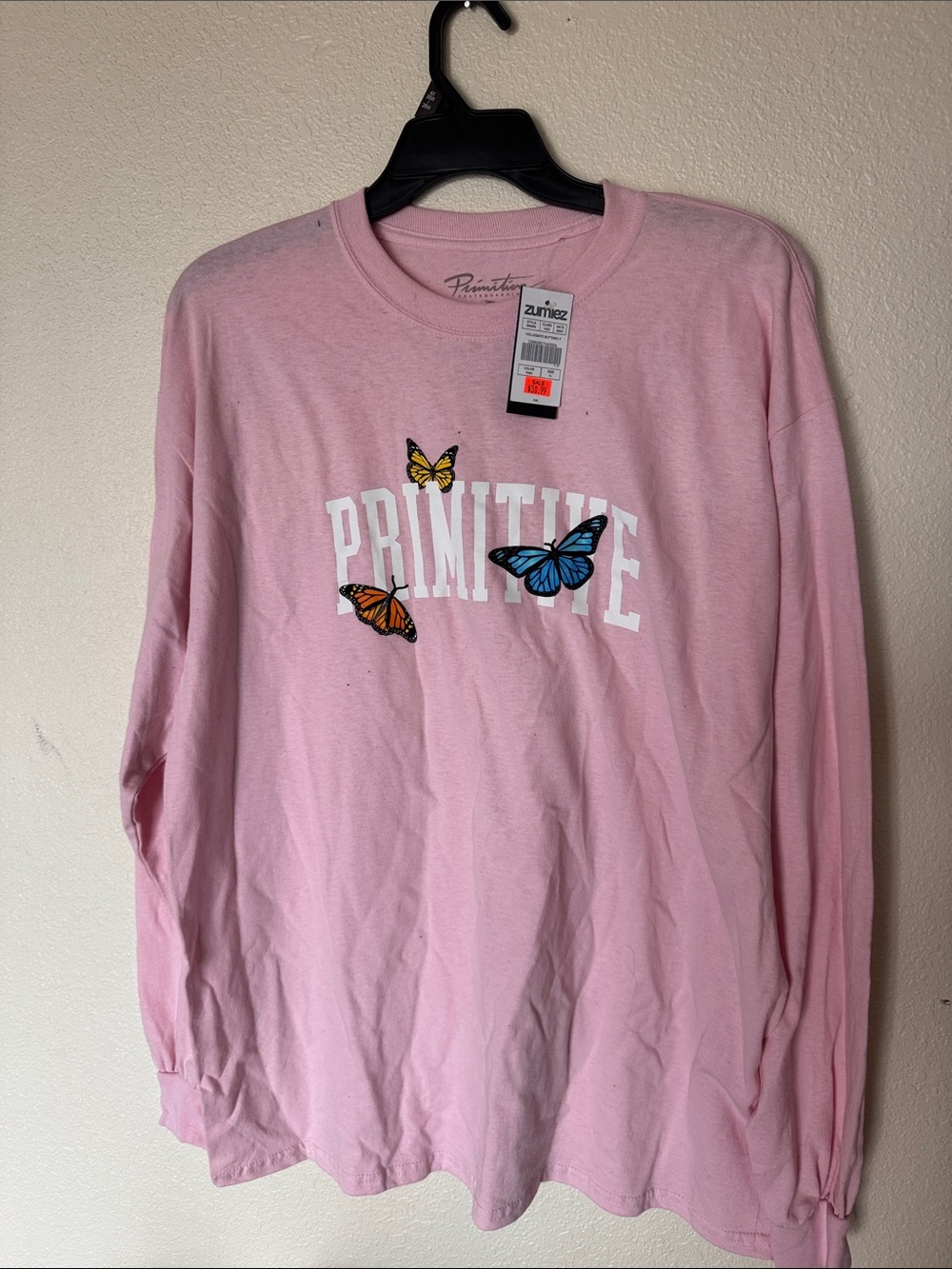 Primitive Kids Long Sleeve Pink Tee with Blue, Orange & Yellow Butterflies